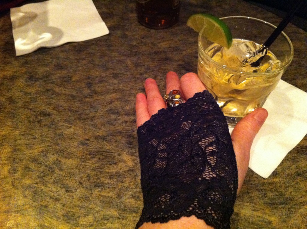Fingerless black lace glove plus Hendricks Martini